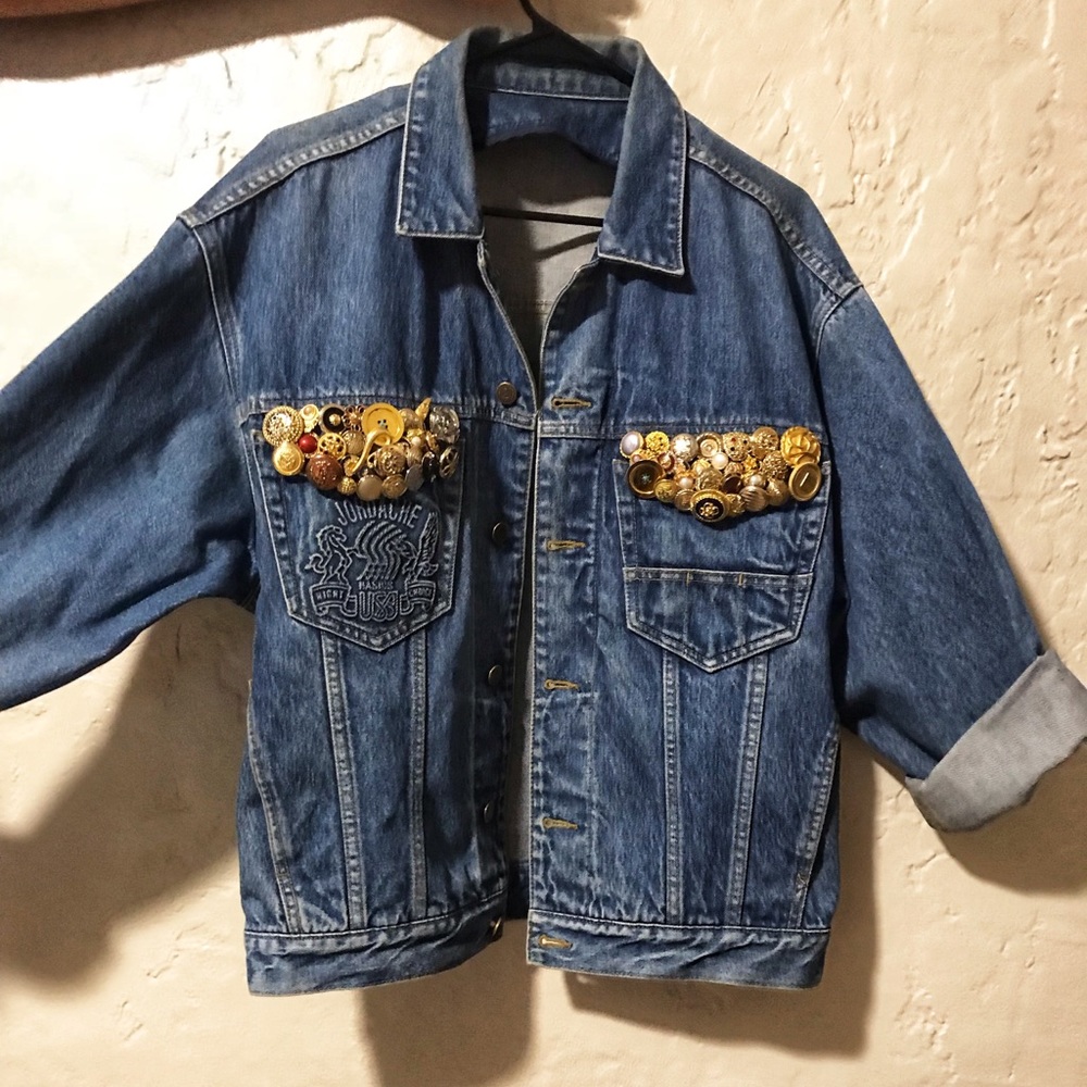 Oversized vintage button collage denim jacket